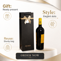 Luxury Eco-Friendly Black Polka Dot Art Paper Wine Gift Bag Ribbon Bow Custom Logo Single Bottle Cardboard Champagne Embossed