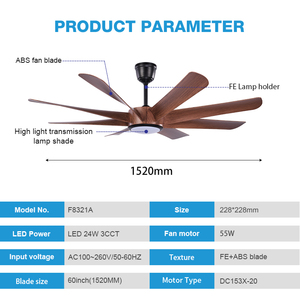 Ventilateur de plafond LED silencieux avec télécommande, design moderne, 60 pouces, 8 pales en ABS, pour décoration intérieure, avec moteur F8321A - Product Image 3