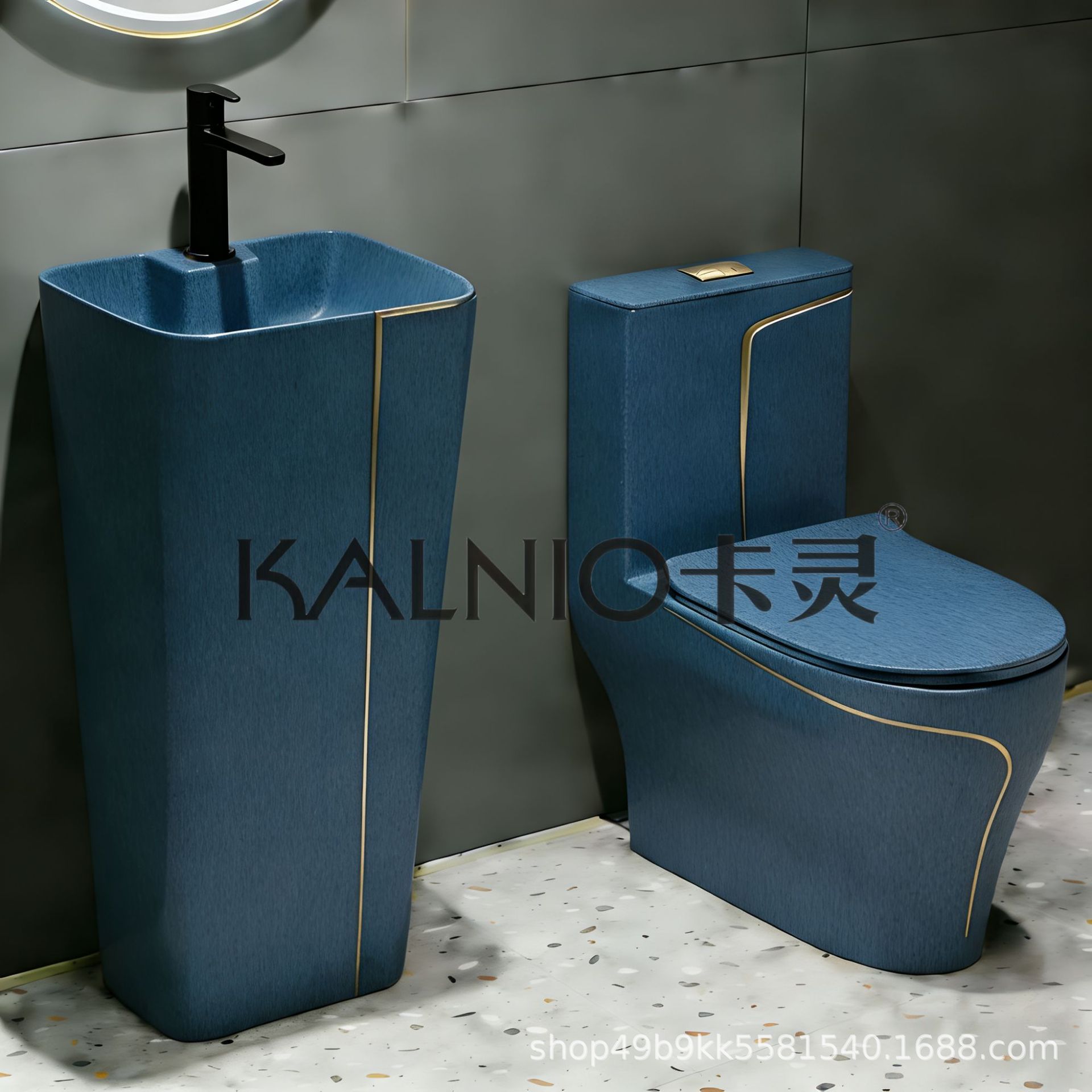 WC in filo d'oro blu cobalto + lavabo a colonna