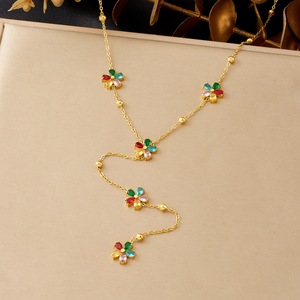 Colorful Rhinestone Flower Y-Shape Long Chain Necklace For Daily Party Wear - Product Image 1