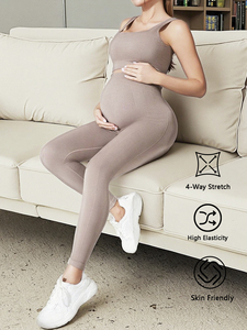 Traje de Yoga de maternidad transpirable y sin costuras para mujer Sujetador deportivo cómodo y mallas con patrón sólido para mujeres embarazadas - Product Image 6