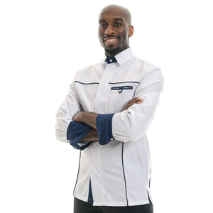 Uniforme de Chef de Alta Calidad para Restaurante, Uniforme de Cocina Unisex de Sarga 100% Algodón, Chaqueta de Chef Azul Marino y Blanco - Product Image 2