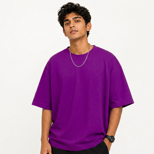Camiseta de punto informal de manga corta con cuello redondo 100% algodón morado de talla grande para hombre, ajuste de jersey teñido liso de color sólido - Product Image 1