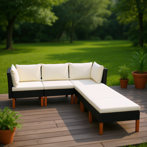 Conjunto de Muebles de Jardín Color Blanco Crema, Estructura de Mimbre Negro, Patas de Madera de Teca, Muebles de Exterior para 4 Personas, Diseño Contemporáneo - Product Image 2