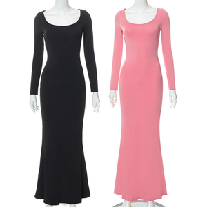 2025 primavera tejido manga larga sólido espalda descubierta encaje hasta cuello cuadrado vestidos de mujer elegante fiesta de noche ropa informal básica - Product Image 1