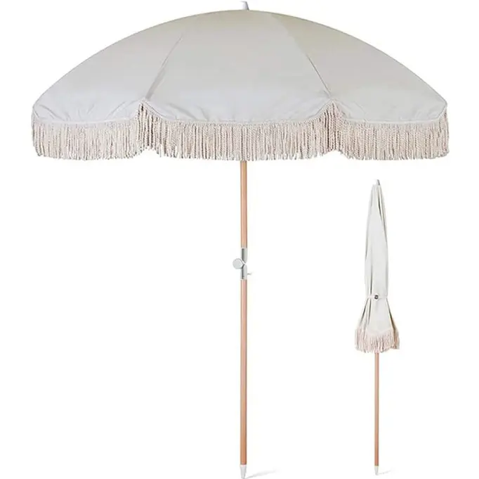 Offre Spéciale parapluies de plage en plein air avec pompons, mât en bois personnalisé, parasol de plage, vente en gros, parasol