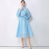 Robe élégante à manches longues et col montant en polyester uni pour le printemps et l'automne, service de vente en gros OEM ODM