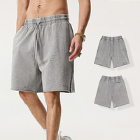 Shorts décontractés pour hommes en coton 100% 330G, style streetwear, délavé vintage, déchiré, bords effilochés, cordon élastique