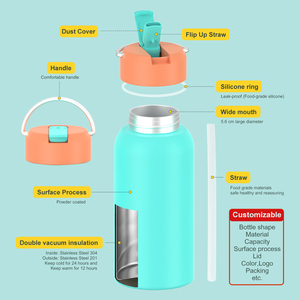 Botella Térmica Personalizada de 22 oz, 32 oz, 40 oz, Botella de Agua de Acero Inoxidable Aislada para Niños y Adultos con Pajita y Asa - Product Image 2