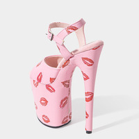 Sandales d'été sexy à talons hauts de 20 cm, plateforme ouverte, imprimé lèvres noir/rose pâle, pour boîte de nuit, danse sur barre, semelle intermédiaire en bois