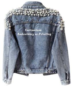 Wholesale Hiking Women's Embroidered Rivet <b>Pearl</b> Short Denim Coat <b>Pearls</b> Beading Jackets <b>Loose</b> Outerwear - Product Image 1