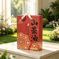 Boîte cadeau ondulée en carton ondulé F Flute, vente en gros, pour emballage d'huile, avec poignée en corde, rouge festif, estampage à chaud or, logo personnalisé
