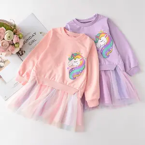 어린이 의류 도매 가을 소녀 원피스 어린이 만화 스웨터 메쉬 스플 라이스 원피스 소녀 캐주얼 유니콘 인쇄 드레스