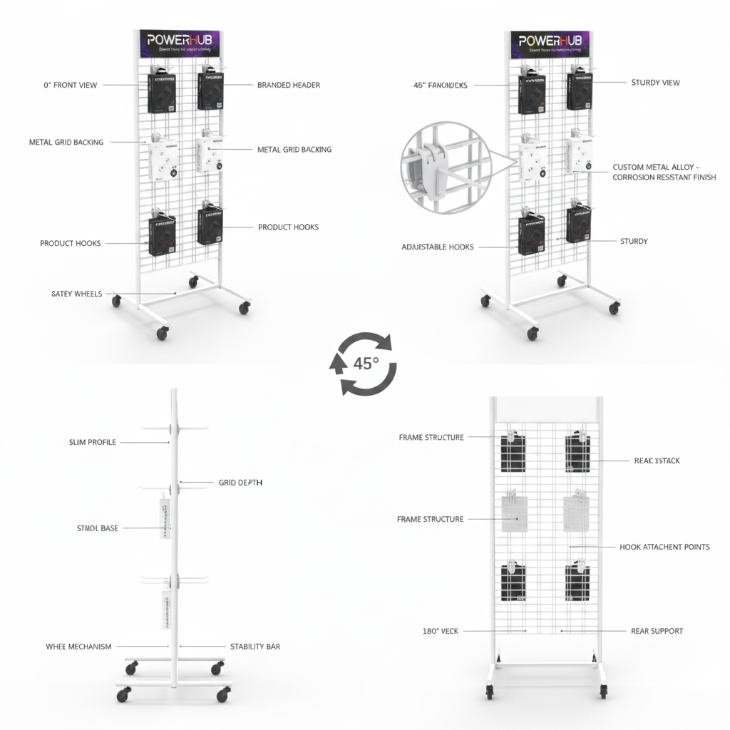 Custom Metal Grid Display Stand Tool Storage Power Strip Rack Organizer With Wheels for Retail — view 3