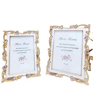 Metal Photo Frame 6in 7in Zinc Picture Frame With Luxury Style Gold Rhinestone Carve Patterns