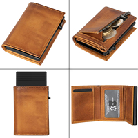 Dompet Pria Kulit PU Vintage, Tempat Kartu Logam, Anti RFID, Dompet Aluminium Pop-up untuk Pria dengan Kantong Koin Ber-resleting