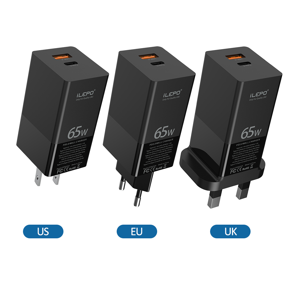 Универсальный 2 порта USBC QC3.0 PD Великобритании стандартный разъем 3-контактный сетевое быстрое 65 Вт Ган мобильного телефона адаптер зарядного устройства с помощью портов типа C и USB C