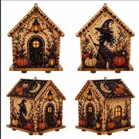 Kit de Modélisme DIY 3D en Bois, Peinture Diamantée, Maison Gothique d'Halloween avec Sorcière et Corbeau, Ensemble d'Art Diamanté Perle, Cadeau