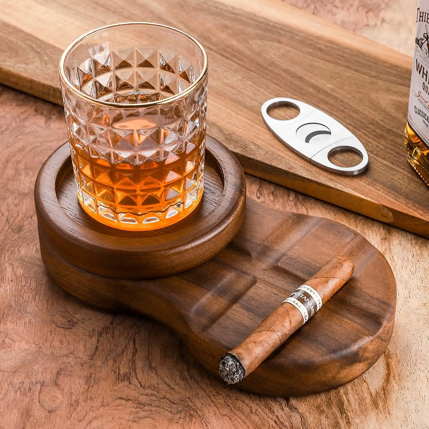 Whiskey Glass Tray and Cigar Holder , Rustic Wooden Cigar Tray Cigar Rest Accessory Set Gift for Father