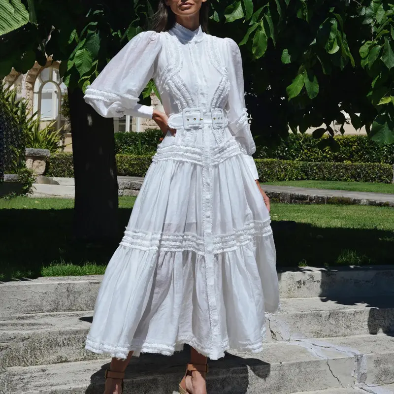 European Holiday Style Spring 2022 New Fashion Elegant Puff Long Sleeve Ruffled Casual Dress Frills Maxi Women Dress