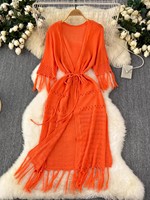 Kimono Cardigan en Tricot Personnalisé pour Femme, Ouvert sur le Devant, à Nouer à la Taille, Ourlet à Franges, Creux, Style Bohème, Cache-maillot de Plage Long d'Été pour Femmes