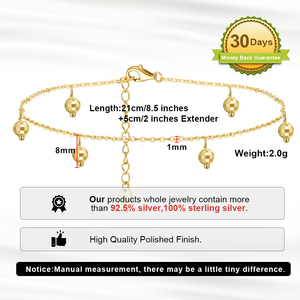 RINNTIN SA26 – Bracelet de <span class=keywords><strong>cheville</strong></span> en <span class=keywords><strong>argent</strong></span> Sterling 925 pour femme, chaîne de câble de 1mm avec perles de 6mm, vente en gros - Product Image 2