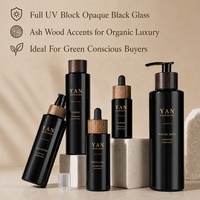 Envase YAN de Vidrio Violeta/Negro de 30ml/50ml con Gotero/Tapa de Rosca/Bomba de Madera Natural para Aceites Esenciales, Tónicos y Cremas