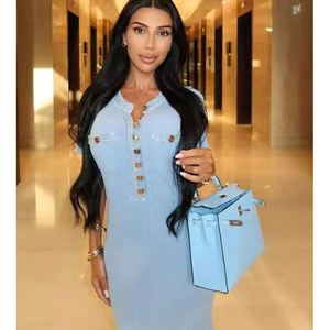 Abito Lungo Estivo da Donna in Maglia con Patchwork in Denim, Bottoni, <span class=keywords><strong>Maniche</strong></span> Corte Aderenti, Motivo Semplice e Solido, Moda Dropshipping Nuovi Arrivi - Product Image 2