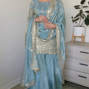 VISHNU K DESIGNS ZF-430 Pure Vichitra Silk Sharara Dupatta Top Heavy Embroidery Sequences Vintage Style for Women Wedding Party - Product Image 1