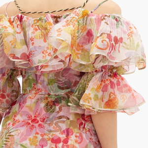 Été Nouveau Style femmes Robe Mode Licou Plissée À Volants à Imprimé Floral En soie Organza Robe - Product Image 6
