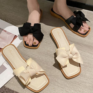 Women's Fashion Trend Square Open Toe Mules Full Flat Slippers with Bow for Autumn <b>Outdoor</b> Use Light PVC Insole Daily Wear <b>Shoe</b> - Product Image 4