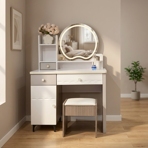 Modern Makeup <b>Vanity</b> <b>Table</b> with Lighted Oval <b>Mirror</b> and Storage Drawers for Bedroom Furniture - Product Image 2