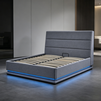 Cadre de lit moderne rembourré en lin avec vérin à gaz, éclairage d'ambiance LED et sommier à lattes, disponible en tailles King et Queen, mobilier de chambre