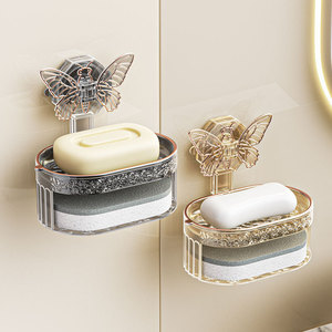 Support mural double couche pour savon à ventouse papillon, design ovale contemporain en plastique pour salle de bain et cuisine - Product Image 1