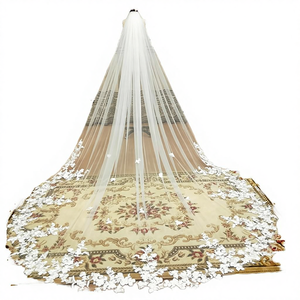 Voile de mariée long en tulle avec appliques, style occidental, vente en gros, tendance, accessoires de mariée, dentelle florale, cathédrale, mariage, une seule couche - Product Image 3