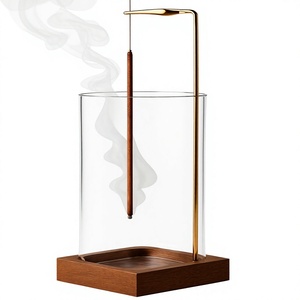 Brûleur d'encens suspendu en verre de luxe, porte-encens moderne avec base en bois, brûleur d'arômes décoratif pour la méditation à domicile - Product Image 1