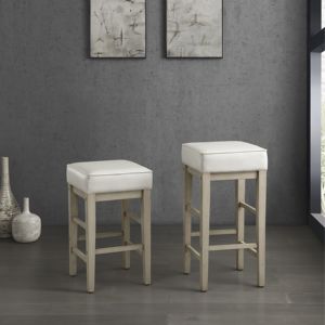 Juego de 2 taburetes DB Transitional de 24 pulgadas con asiento de piel sintética blanca con marco de madera maciza, muebles de comedor - Product Image 4