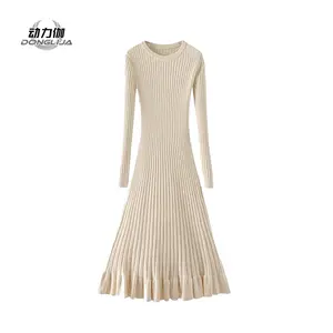 Custom Bodycon Long Sleeve Slim Elegant Women Knitted 100% Polyester Ladies Maxi Ribbed Knit Dress