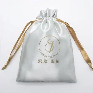 Bolsa de maquillaje satinada con estampado de logotipo personalizado, bolso de satén con cordón para cosméticos