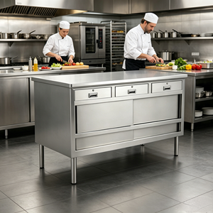 Tavolo <span class=keywords><strong>da</strong></span> <span class=keywords><strong>Lavoro</strong></span> Professionale in Acciaio Inox <span class=keywords><strong>per</strong></span> Cucine di Ristoranti, Finitura Opaca Spazzolata, Capacità di Carico 800kg/m, Certificato NSF - Product Image 1