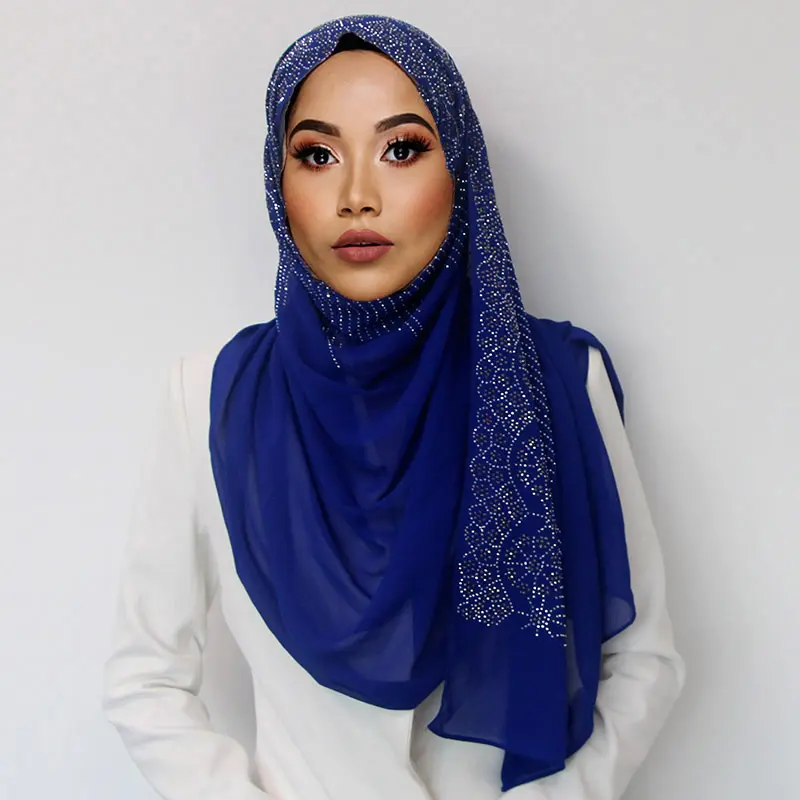 Sciarpa in chiffon di diamanti strass hijab musulmano donne islamiche fascia lunga sciarpe sciarpa HW339