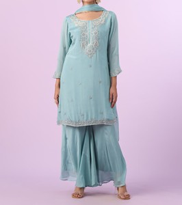 Traje Palazzo Azul Etéreo Ecológico, Transpirable, Antiarrugas, con Estampado Digital y Servicio OEM - Product Image 2