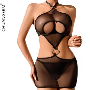 Chuangerm Spot Guaranteed Low Moq 2024 Summer Fashion See-Through Hollow Out Mesh Hanging Neck Backless Lingerie Women Sexy