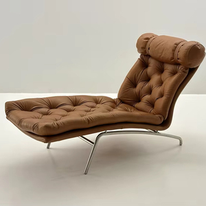 Minimalist Chaise Lounge Chair with Stainless Steel <b>Frame</b> and Brown Leather for Living Room-Eco-Friendly & Comfortable Design - Product Image 1