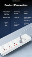 Multiprise de charge 3250W avec 3-5 prises, 2 ports USB-A et 2 ports USB-C, protection contre les surtensions, pour usage domestique