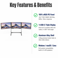 Moniteur portable triple écran AHXJKA 18,5 pouces 1080P IPS pour le travail, affichage USB-C, compatible Windows et Mac