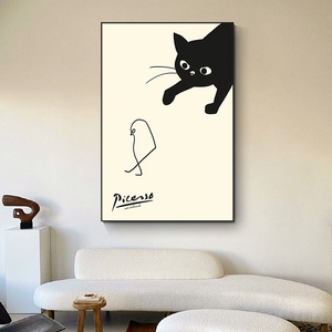 Vente en gros de toile minimale noire et blanche peinture murale chat noir japonais <span class=keywords><strong>chambre</strong></span> d'enfant décoration d'intérieur - Product Image 2