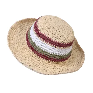 Pare-paille personnalisée en papier aux couleurs de l'arc-en-ciel pour femmes Chapeaux de pailles de plage Chapeau de paille pliable au crochet à large bord