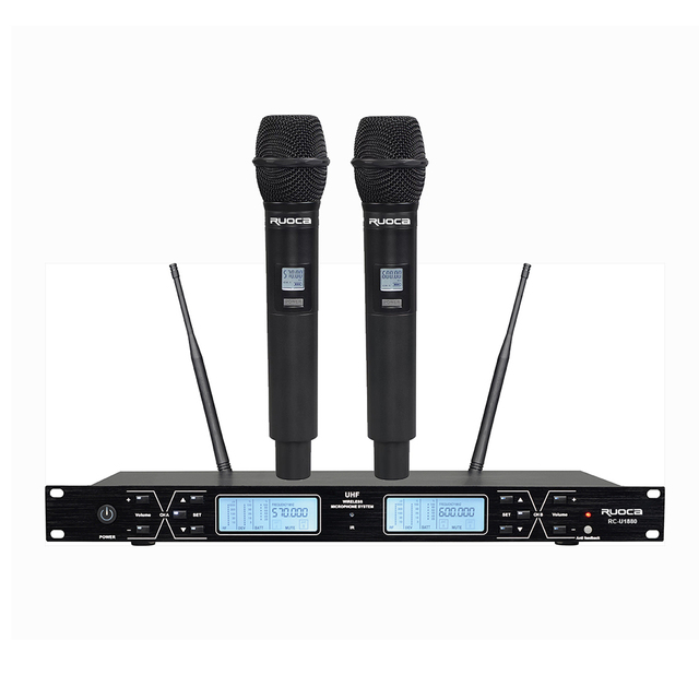 Anti Feedback PLL Wireless Microphone Dual UHF Cordless Metal Handheld LED Lights for Stage/Teaching/KTV Use Long Work Distance