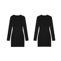 Printemps nouveauté noir rétro col carré robe en tricot femmes à manches longues Sexy coupe ajustée taille jupe courte